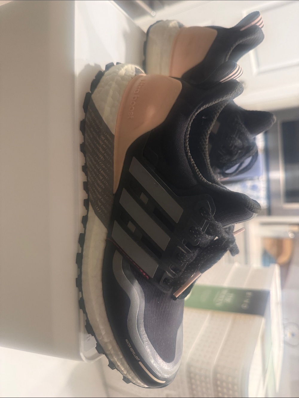 Womens Adidas Ultra Boost Black Hiking Shoes with Blush Heel Accents